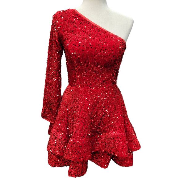 NWT Bright Red Size 2 Asymmetric One Long Sleeve Short Sequin Dress - Picture 1 of 13